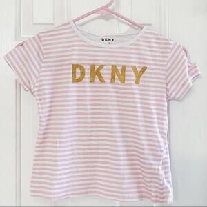 DKNY • Girls Logo Striped + Gold Glitter Short Sleeve Top